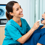 Modern Dental Hygienist**

"A skilled dental hygienist, fully clothed in professional scrubs, using a digital intraoral scanner on a patient in a bright, modern dental clinic. The clinic features state-of-the-art equipment and a comfortable atmosphere. Focus on the hygienist's confident and caring expression. Perfect anatomy, well-formed hands, correct proportions, natural pose, appropriate content, safe for work, professional, family-friendly, high quality."

**
