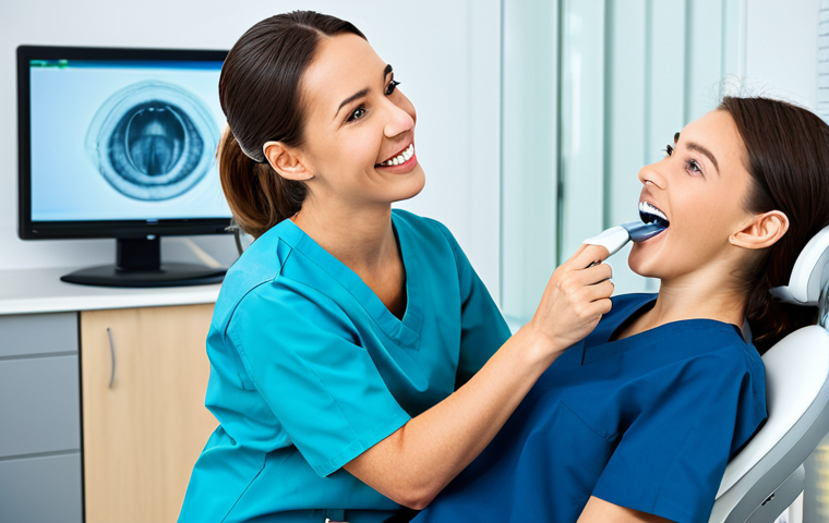 Modern Dental Hygienist**

"A skilled dental hygienist, fully clothed in professional scrubs, using a digital intraoral scanner on a patient in a bright, modern dental clinic. The clinic features state-of-the-art equipment and a comfortable atmosphere. Focus on the hygienist's confident and caring expression. Perfect anatomy, well-formed hands, correct proportions, natural pose, appropriate content, safe for work, professional, family-friendly, high quality."

**