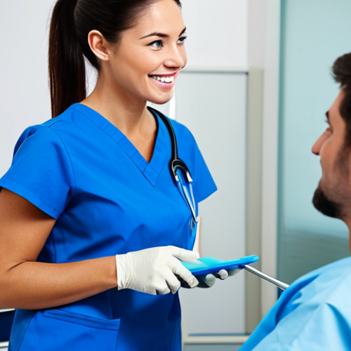 Empathetic Dental Hygienist**

"A professional dental hygienist in a modern clinic, fully clothed in scrubs, gently speaking to a patient. The scene emphasizes clear communication and reassurance. Include dental tools subtly in the background. Safe for work, appropriate content, fully clothed, perfect anatomy, natural proportions, professional, family-friendly, high-quality rendering."

**