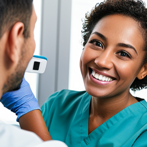 Patient Portrait**

"A dental hygienist photographing a patient, focusing on capturing a genuine smile, fully clothed, appropriate attire, natural lighting from a window, safe for work, perfect anatomy, correct proportions, professional, family-friendly, well-formed hands, proper finger count, modern dental clinic setting."

**