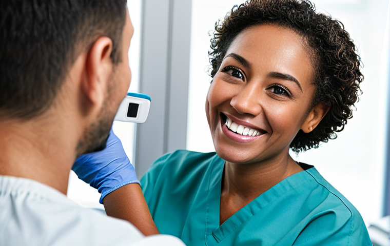 Patient Portrait**

"A dental hygienist photographing a patient, focusing on capturing a genuine smile, fully clothed, appropriate attire, natural lighting from a window, safe for work, perfect anatomy, correct proportions, professional, family-friendly, well-formed hands, proper finger count, modern dental clinic setting."

**