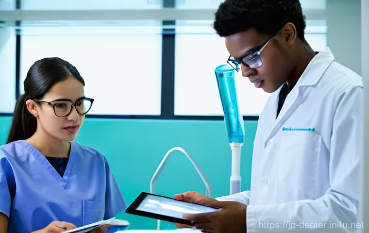 치과위생사 학과 선택 가이드 - **A modern dental hygienist explaining digital oral scan results to a patient.**
    *   **Prompt:**...