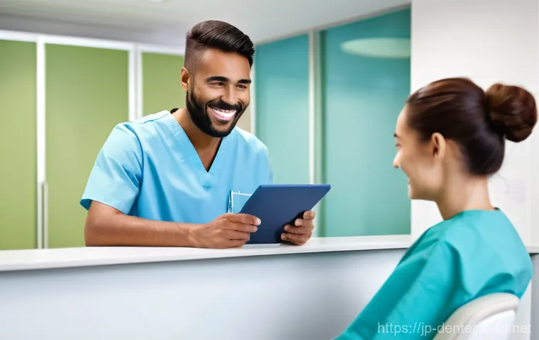치과위생사와 병원 간 커뮤니케이션 사례 - **Prompt 1: Digital Information Sharing in a Modern Dental Clinic**
    "A clean, brightly lit, mode...