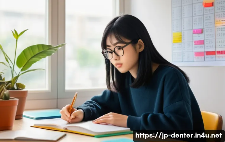 치과위생사 합격 후기 인터뷰 - A modern Japanese study room scene showing a young Japanese student with neat black hair, wearing ca...