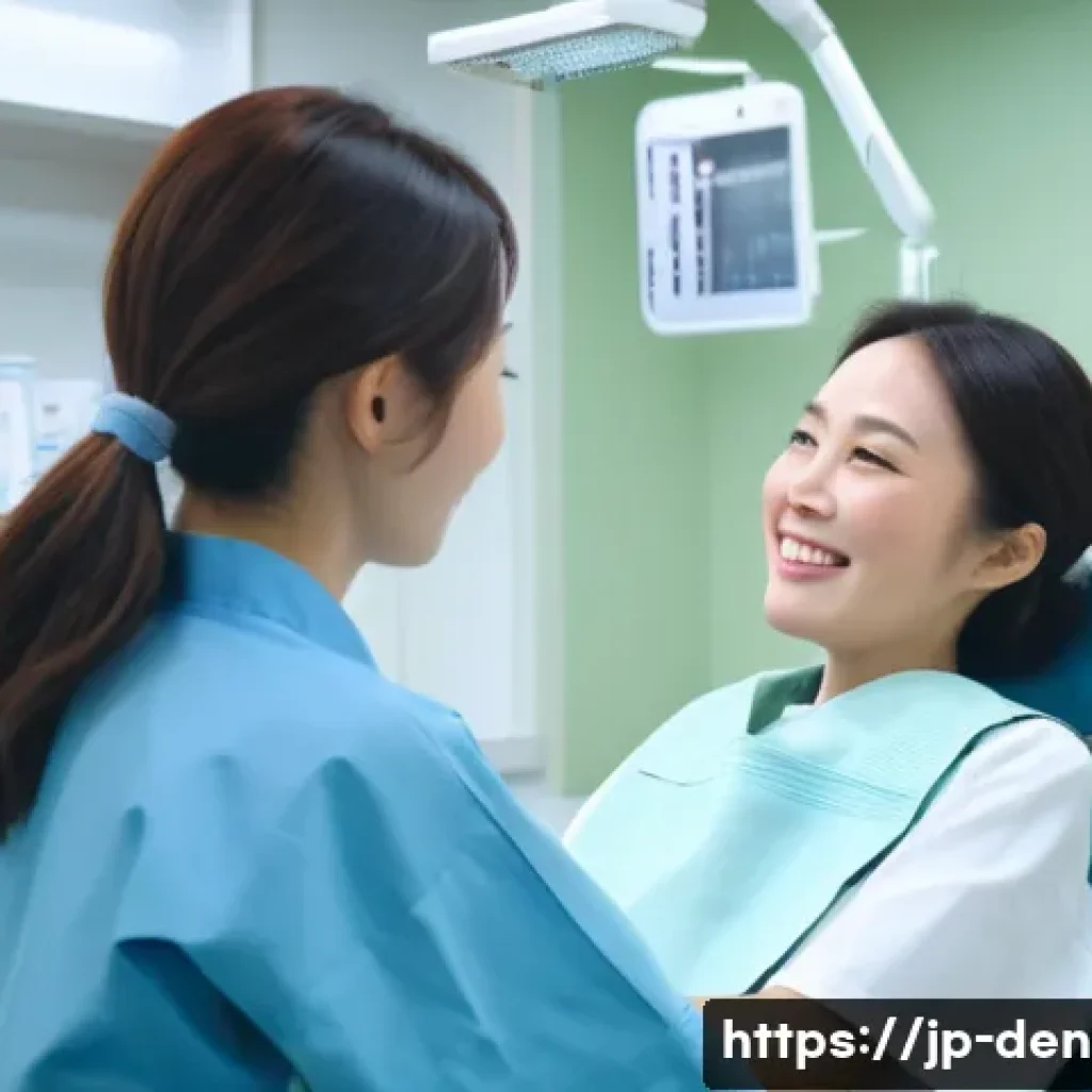 치과위생사 근무 중 생긴 에피소드 - A warm and comforting scene inside a modern Japanese dental clinic, showing a kind female dental hyg...