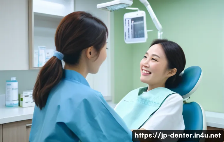 치과위생사 근무 중 생긴 에피소드 - A warm and comforting scene inside a modern Japanese dental clinic, showing a kind female dental hyg...