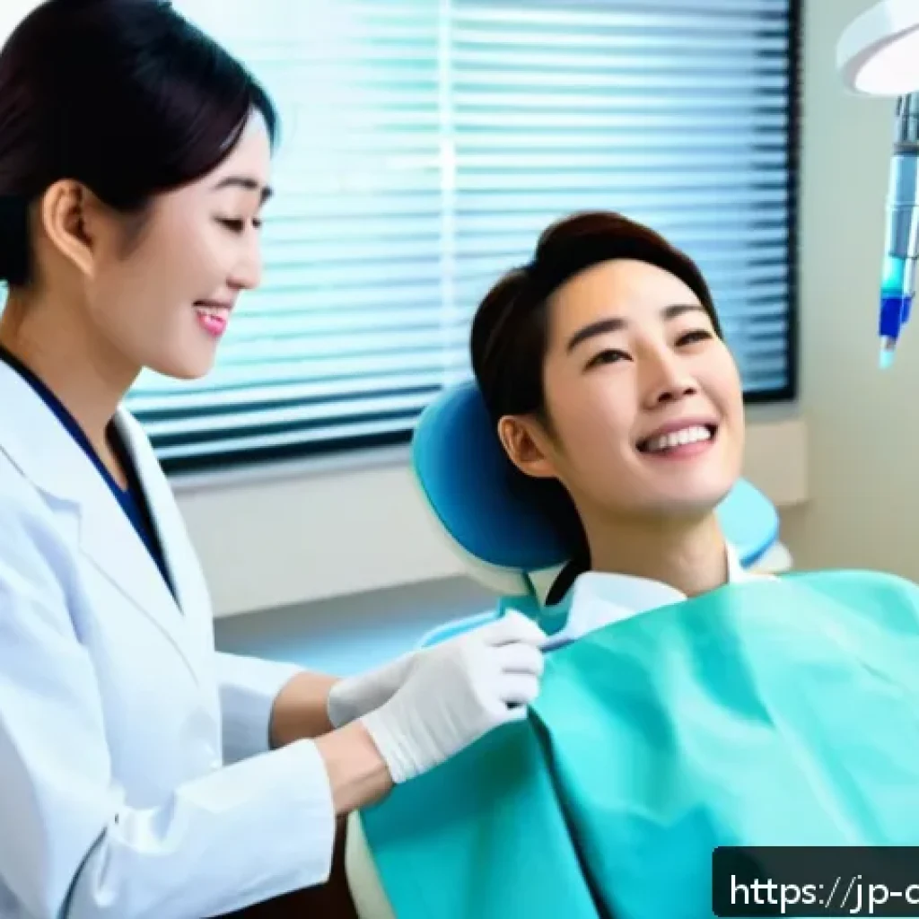 치과위생사 윤리교육 필요성 - A modern Japanese dental clinic scene showing a professional female dental hygienist with a warm, ge...