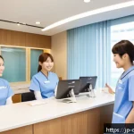 치과위생사 수습 기간 생존 팁 - A bright and modern Japanese dental clinic reception area during morning hours, featuring diverse yo...