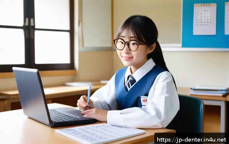 치과위생사 자격증 응시료 및 비용 - A modern Japanese classroom scene showing a young female dental hygiene student wearing a school uni...