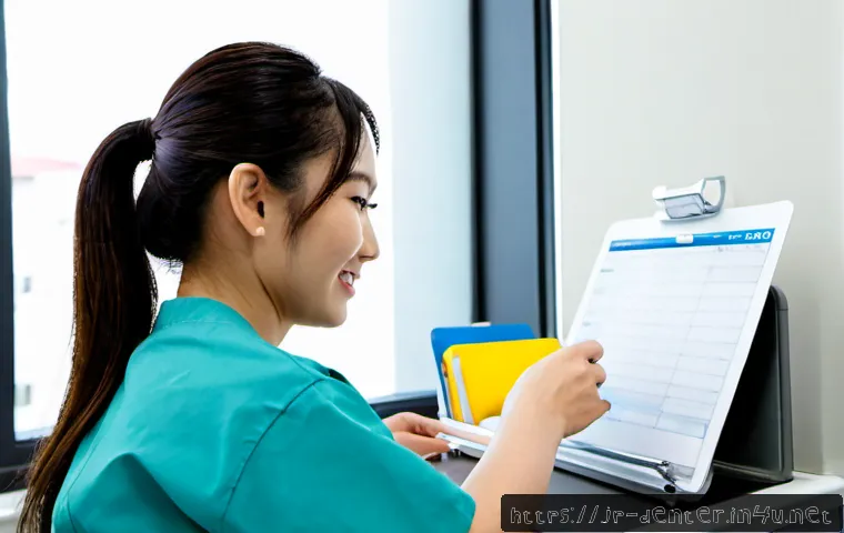 치과위생사 병원별 근무 조건 비교 - Photorealistic Japanese dental hygienist in clean professional scrubs seated at a bright clinic cons...