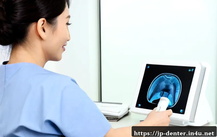 치과위생사 임플란트 케이스 분석 - Photorealistic dental hygienist in a clean modern Japanese dental clinic, carefully reviewing a deta...