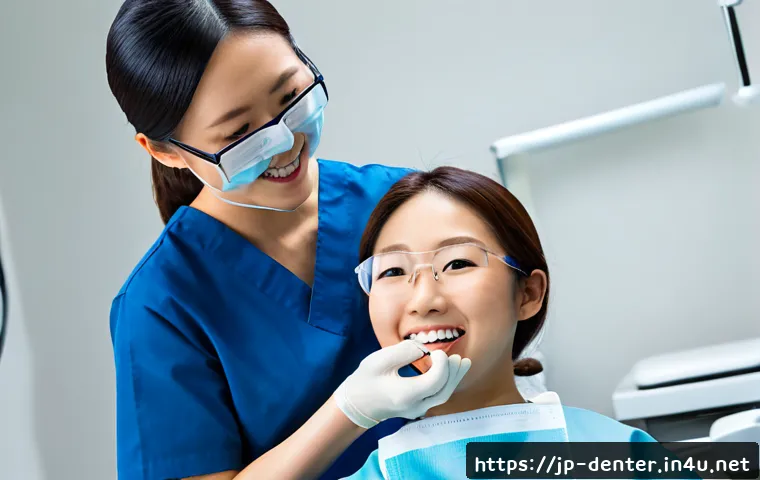 치과위생사 치아 교정 보조 경험담 - Photorealistic modern Japanese dental clinic, a friendly Japanese dental hygienist in clean navy scr...